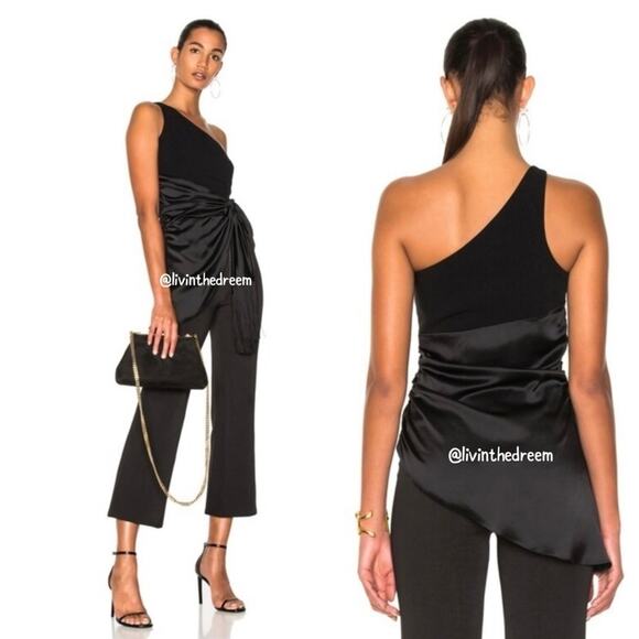 #T184 Cinq À Sept Theoline One-shoulder Crepe & Satin Top In Black SZ L $395 - Picture 2 of 13